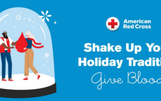 Picture of a snow globe with text - American Red Cross Shake Up Your Holiday Tradition Give Blood