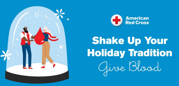 Picture of a snow globe with text - American Red Cross Shake Up Your Holiday Tradition Give Blood