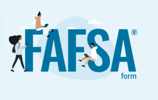 FAFSA form is displayed in large letters with three cartoon students working on mobile devices.